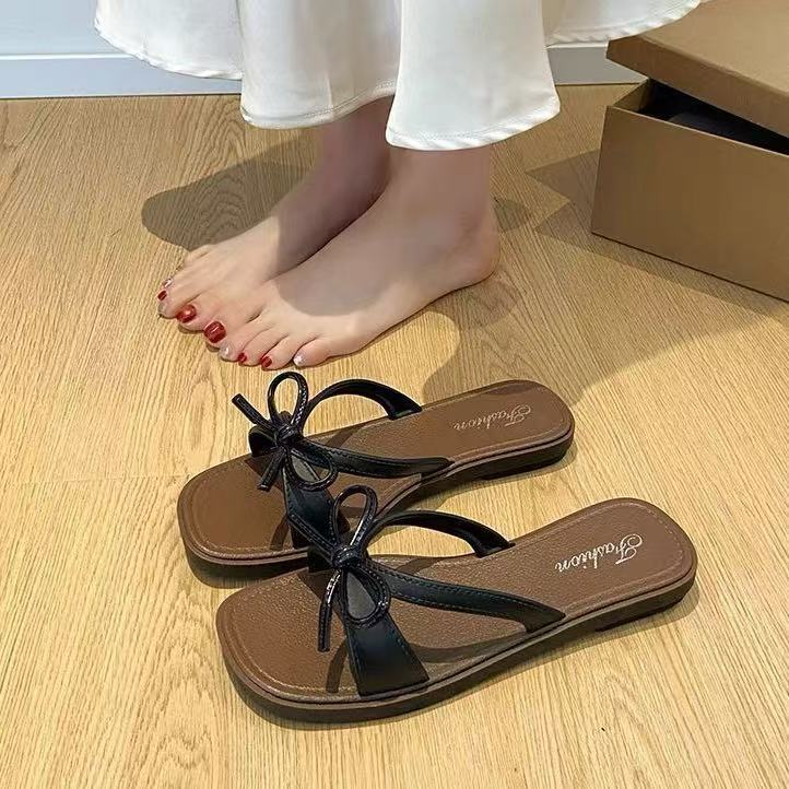 French sweet sandals women's summer new elegant soft sole one-strap sandals bowknot student outdoor flip-flops