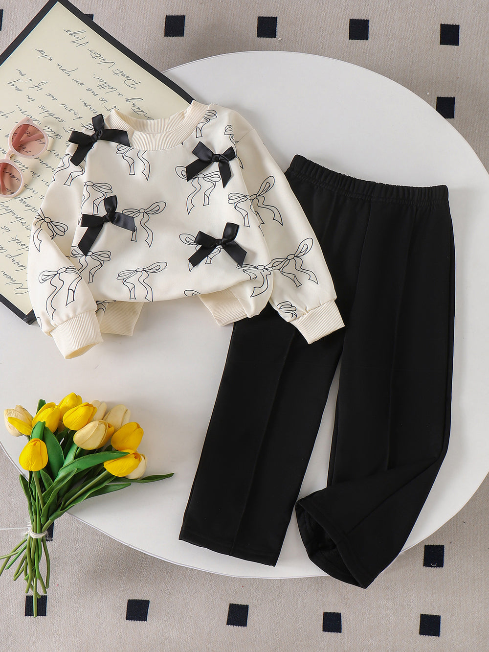 Kids clothing cross-border exportfall and winternew arrival children's apricot long sleevessweatshirt+blackpantssuit
