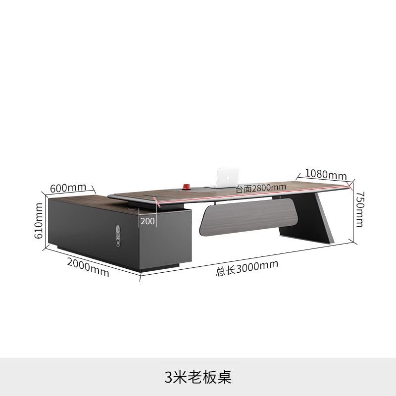 High-end, minimalist, and modern office desk and chair set. executive desk, manager's desk, lacquered finish, understated luxury, suitable for executive offices and boardrooms
