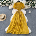 French-style heavy beaded and rhinestone embellished round neck puff sleeve dress - women's  summer cinched waist elegant pleated maxi dress