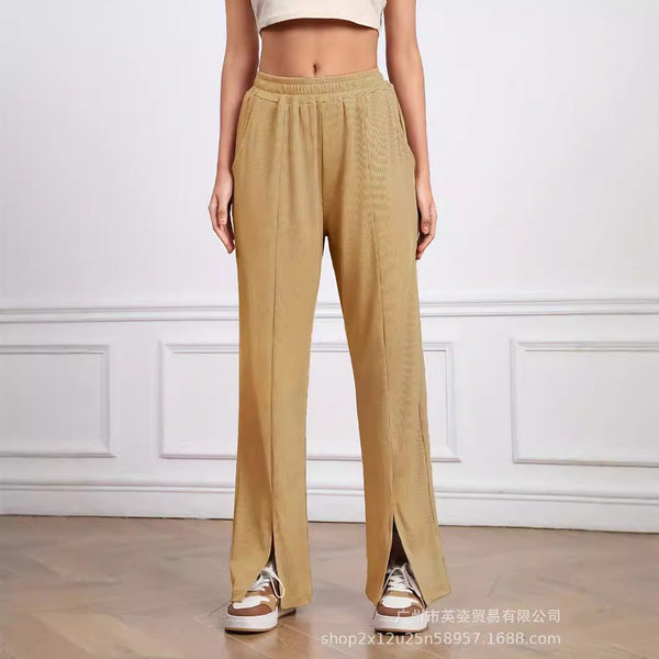 Cross-border European and American fashion loose straight-leg pants 2024 summer new versatile solid color bifurcated women's casual trousers