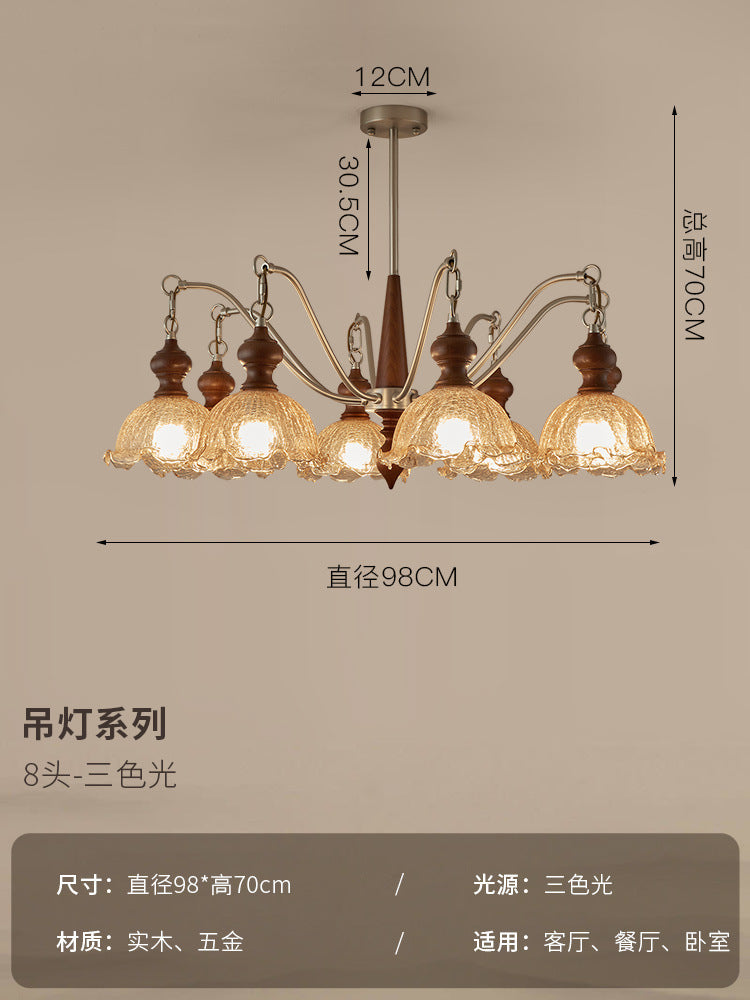 Walnut bedroom dining room light medieval living room Nanyang style French retro ice cracked glass multi-head chandelier