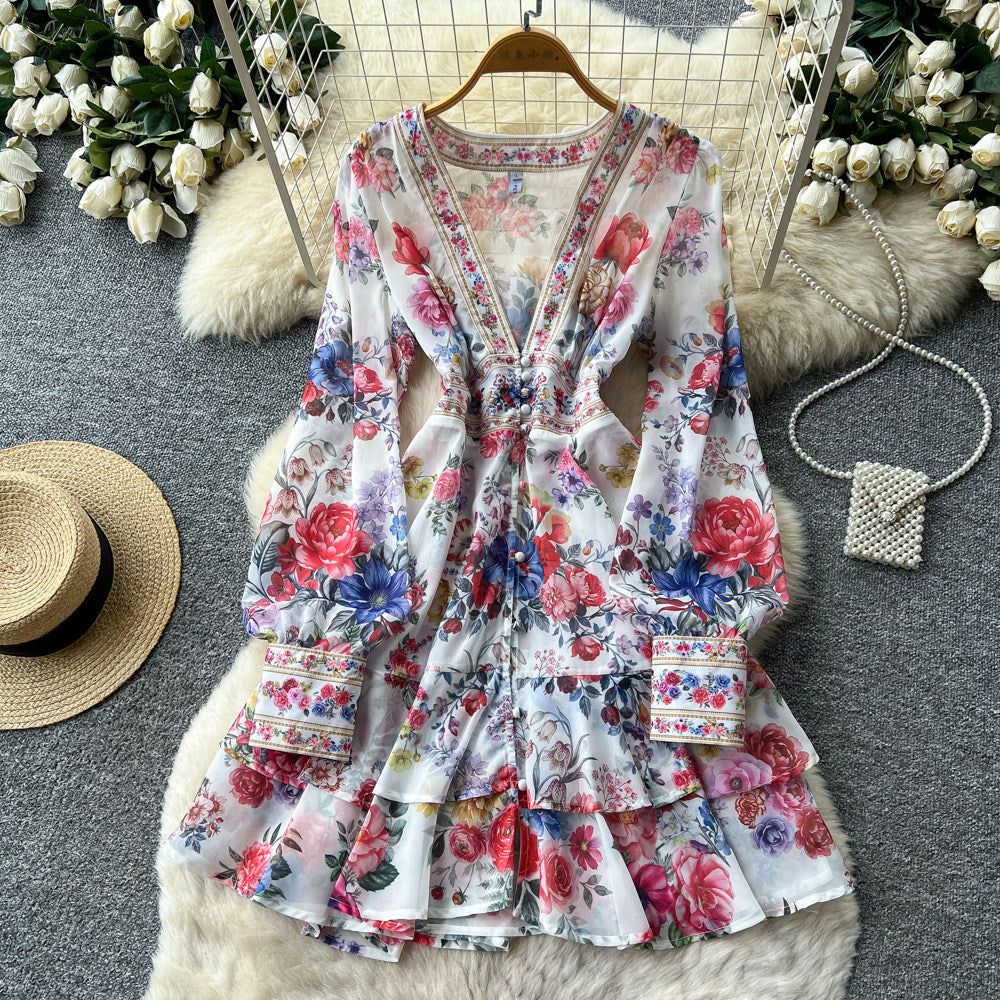 French romantic v-neck floral dress - women's spring/autumn korean style long sleeve high waist tie-waist slimming a-line dress