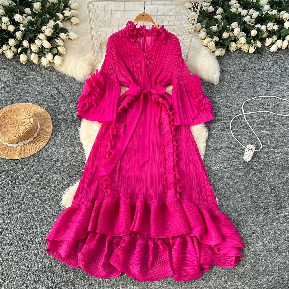 Miya european and american style dress - women's spring collection - high-end, 3d floral design, tie-waist, ruffle hem, pleated maxi dress