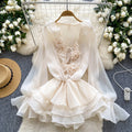 Fairy dress 2025 new arrival: atmospheric v-neck, 3d floral appliqué, tie-waist, ruffle hem chiffon dress for women