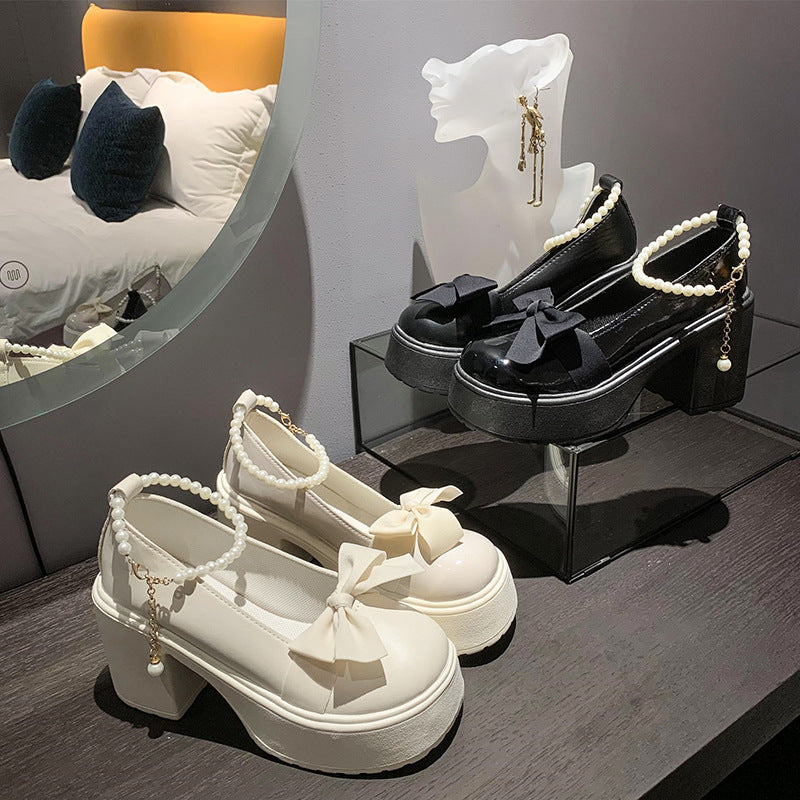 2025 spring new korean style bowknot low-cut pearl ankle strap chunky heel round toe mary jane leather shoes for women