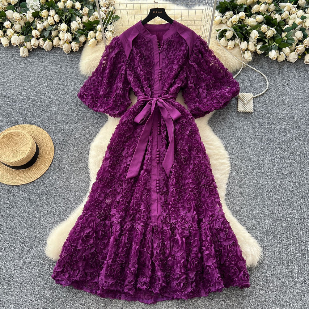 Palace style classy stereo flower lantern sleeve dress female french strap waist single breasted elegance long skirt