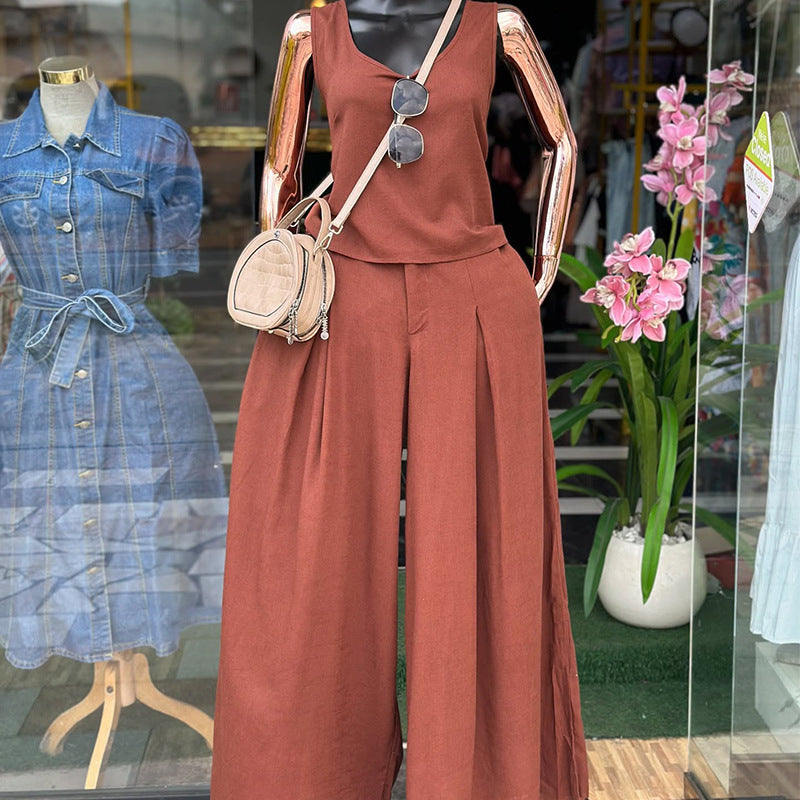 European and american cross-border women's fashion  spring new arrival: elegant solid color v-neck sleeveless top and high-waisted wide-leg pants set
