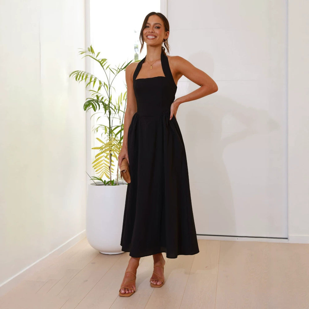 Fashion cross-border foreign trade   new elegant women's pure color square collar waist halter backless dress