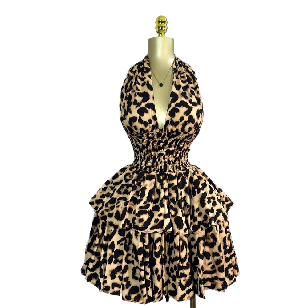 European and american cross-border women's fashion:  early summer new sleeveless halter leopard print cinched waist ruched puffy mini dress