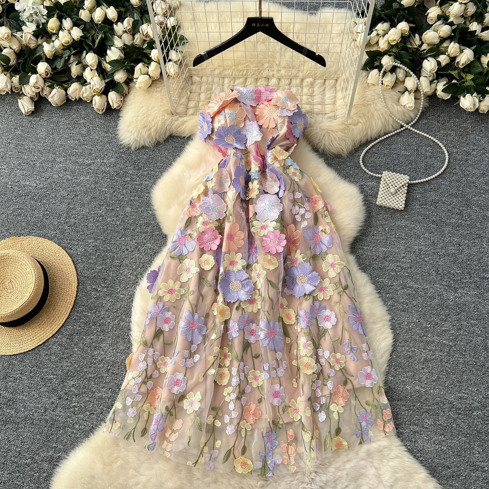 French high-end women's summer dress: exquisite 3d floral embroidery, cinched waist, slimming bandeau gown, long dress