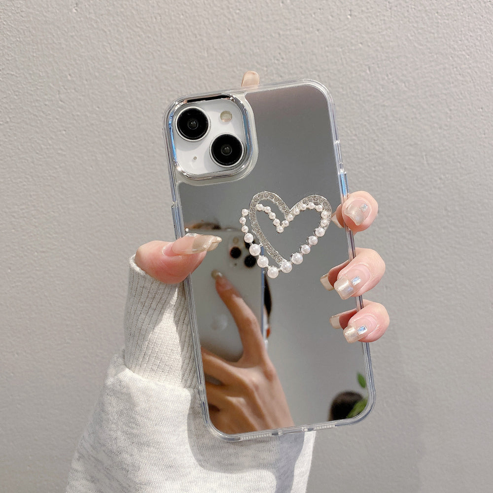 Mirror-finish apple 16 pro silver bowknot phone case, iphone 15/12 compatible, anti-drop hard protective case with wrist strap