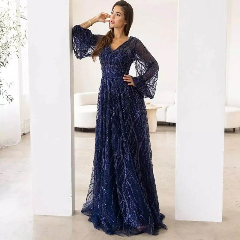 2025 cross-border fashion sequin dress - minimalist v-neck tassel beaded tie-up maxi party dress