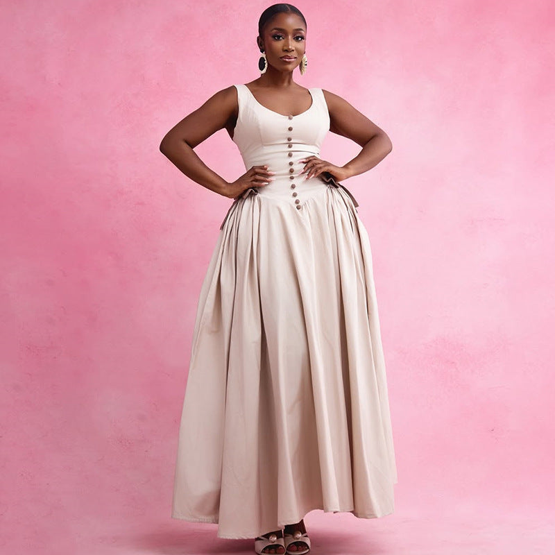European and american cross-border women's fashion:  summer new arrival - elegant v-neck bow a-line high-waisted maxi dress