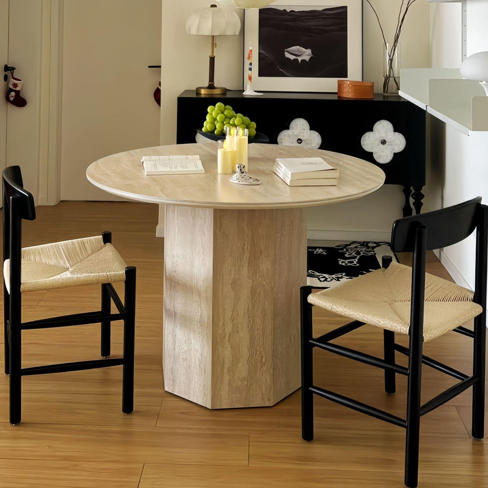 Nordic roman round table with travertine rock slab top, dining set for small spaces, retro high-end minimalist round dining table