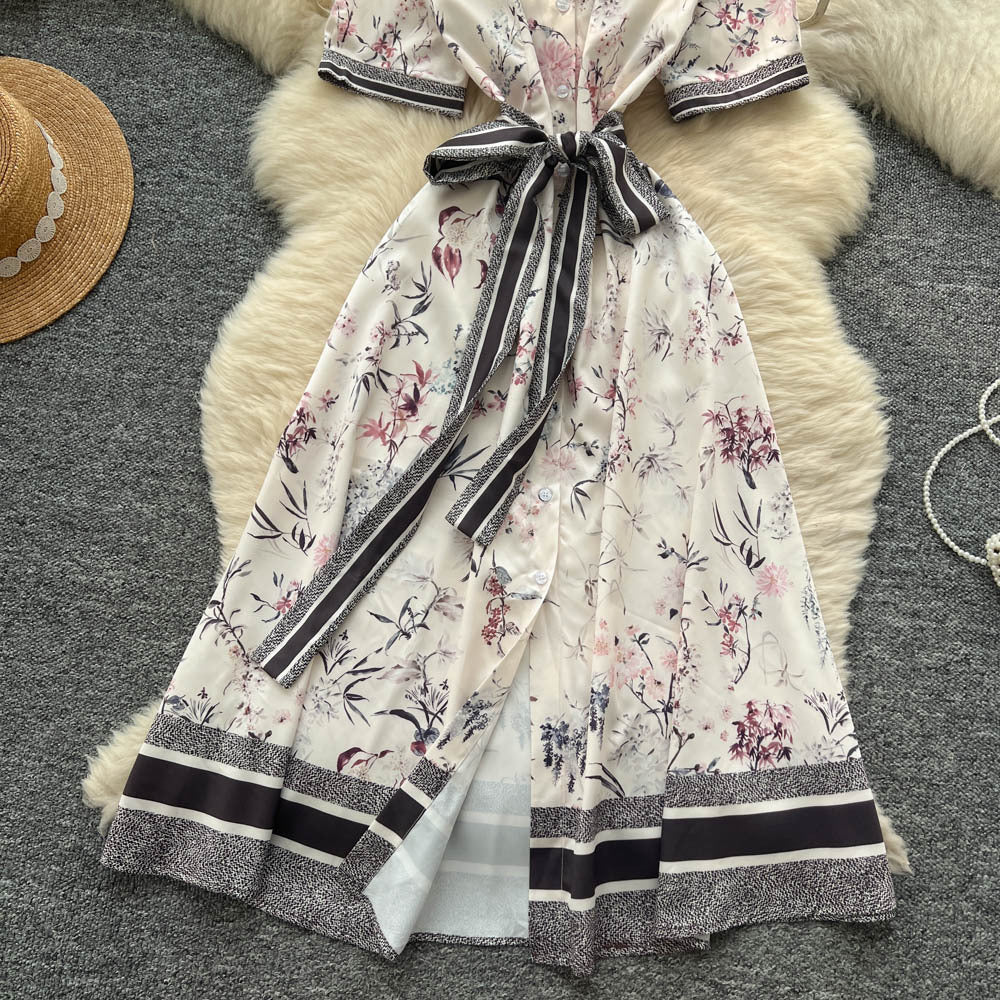 European fashionable printing dress women's  summer light mature style straps waist lapel short sleeve single breasted long skirt