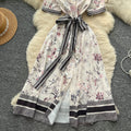 European fashionable printing dress women's  summer light mature style straps waist lapel short sleeve single breasted long skirt
