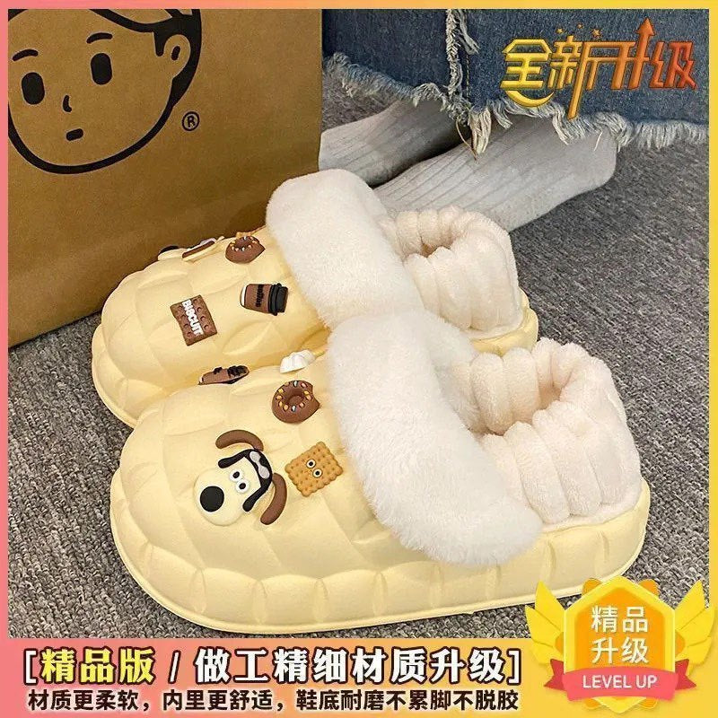 2025 women's winter slippers: cute cartoon design, thick sole, fleece lined, non-slip, wear-resistant, warm, detachable waterproof cotton shoes