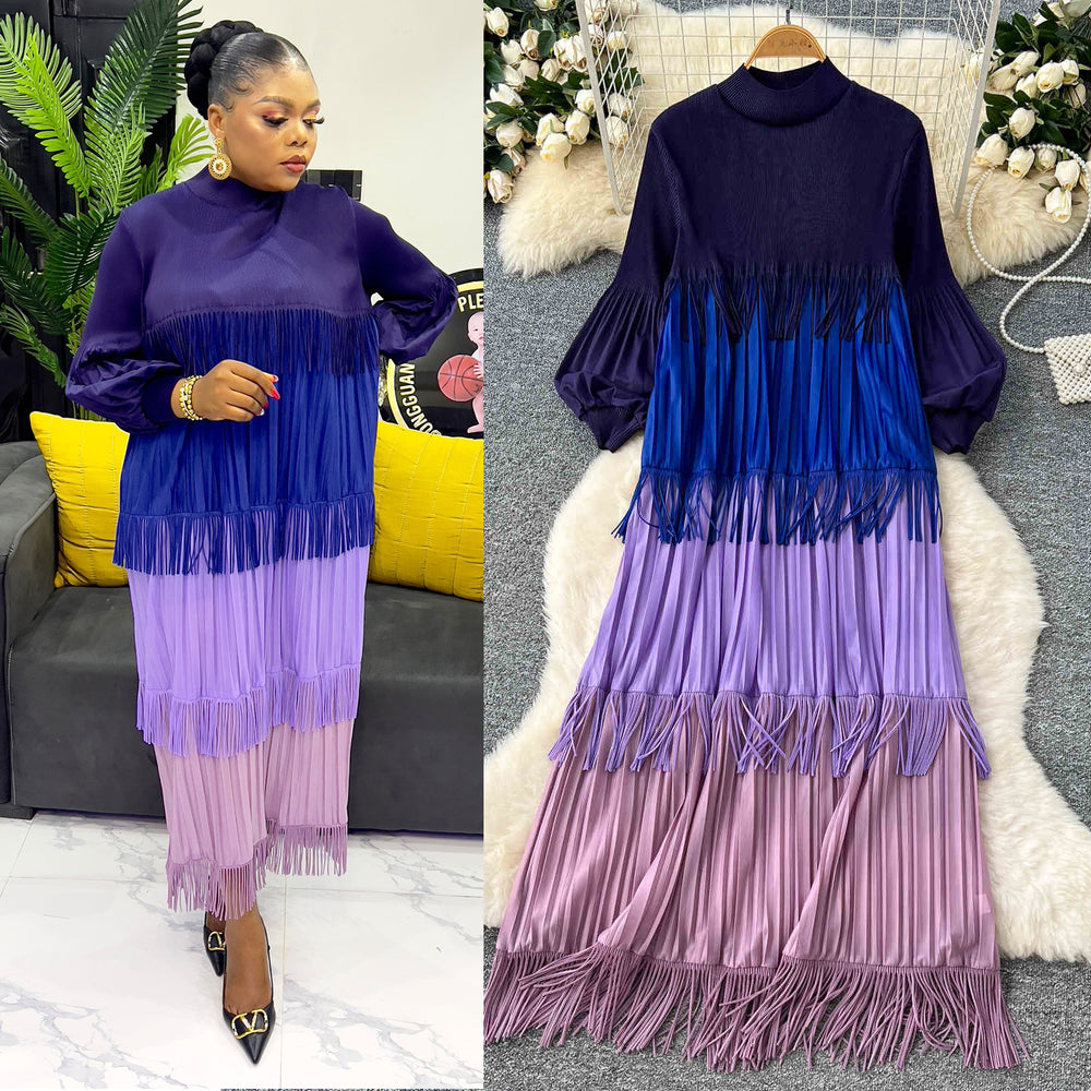 Miura european and american fashion dress women's  spring high-end lantern sleeve loose slimming color block tassel maxi dress