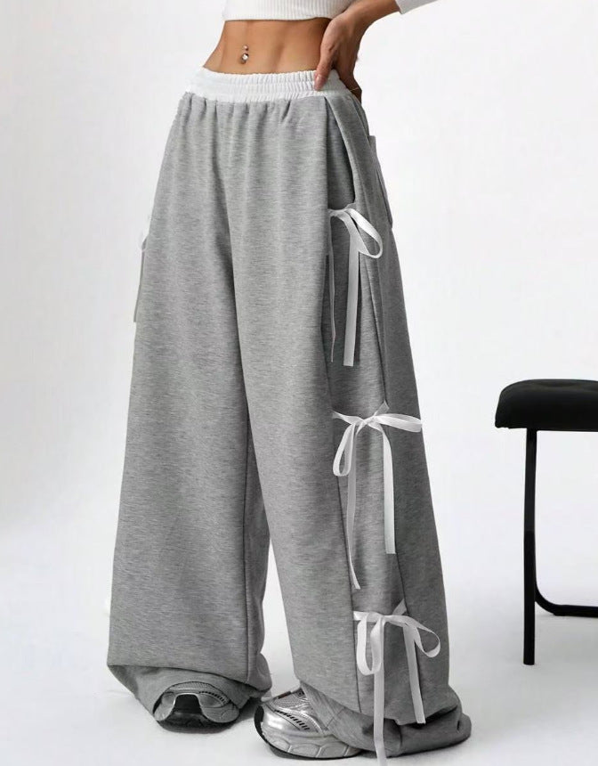 fashion women's  new casual drawstring sweatpants with bow detail and color block design (suitable for europe and the us)