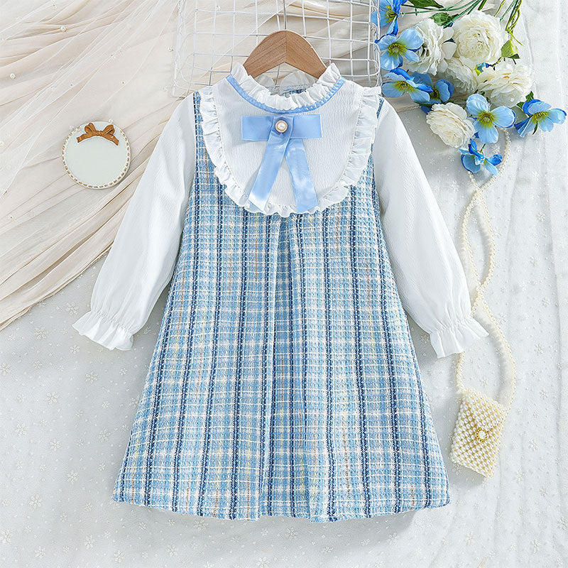 New spring/autumn girls' lace-trimmed shirt dress - two-piece look, gentle & elegant, chanel-inspired style with bow tie