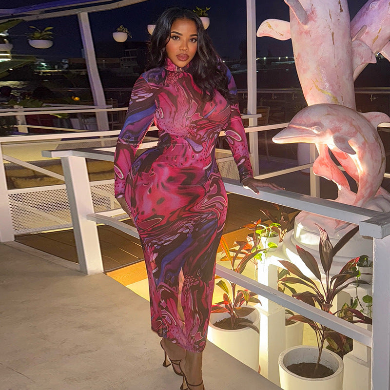 European and american style  foreign trade retro print women's slightly sheer bodycon dress with high neck and long sleeves - elegant and slim-fitting
