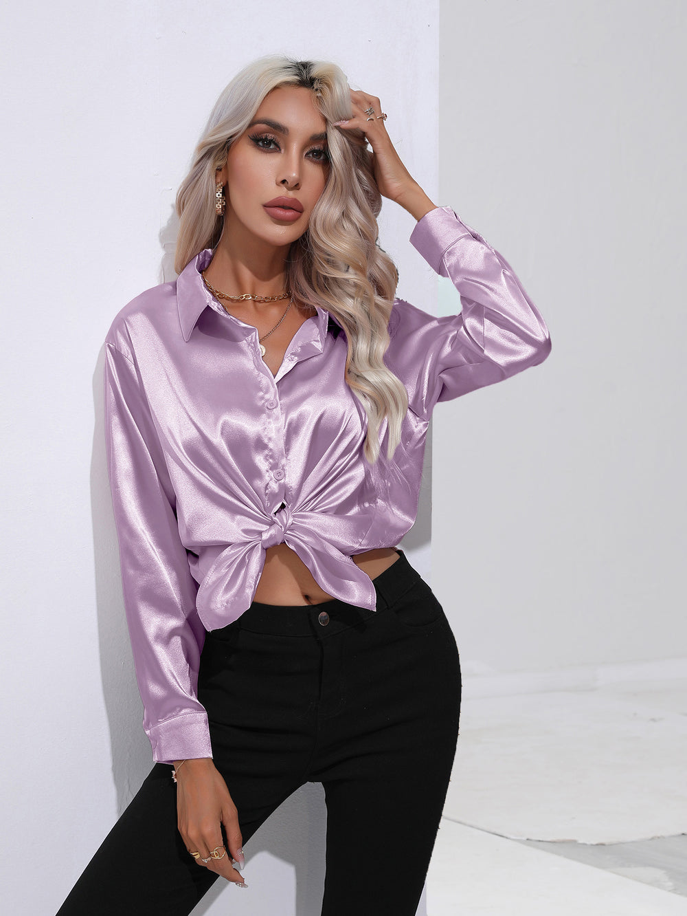Hot-selling real shot: women's satin shirt - faux silk long sleeve blouse, new spring/summer collection, european & american cross-border women's fashion