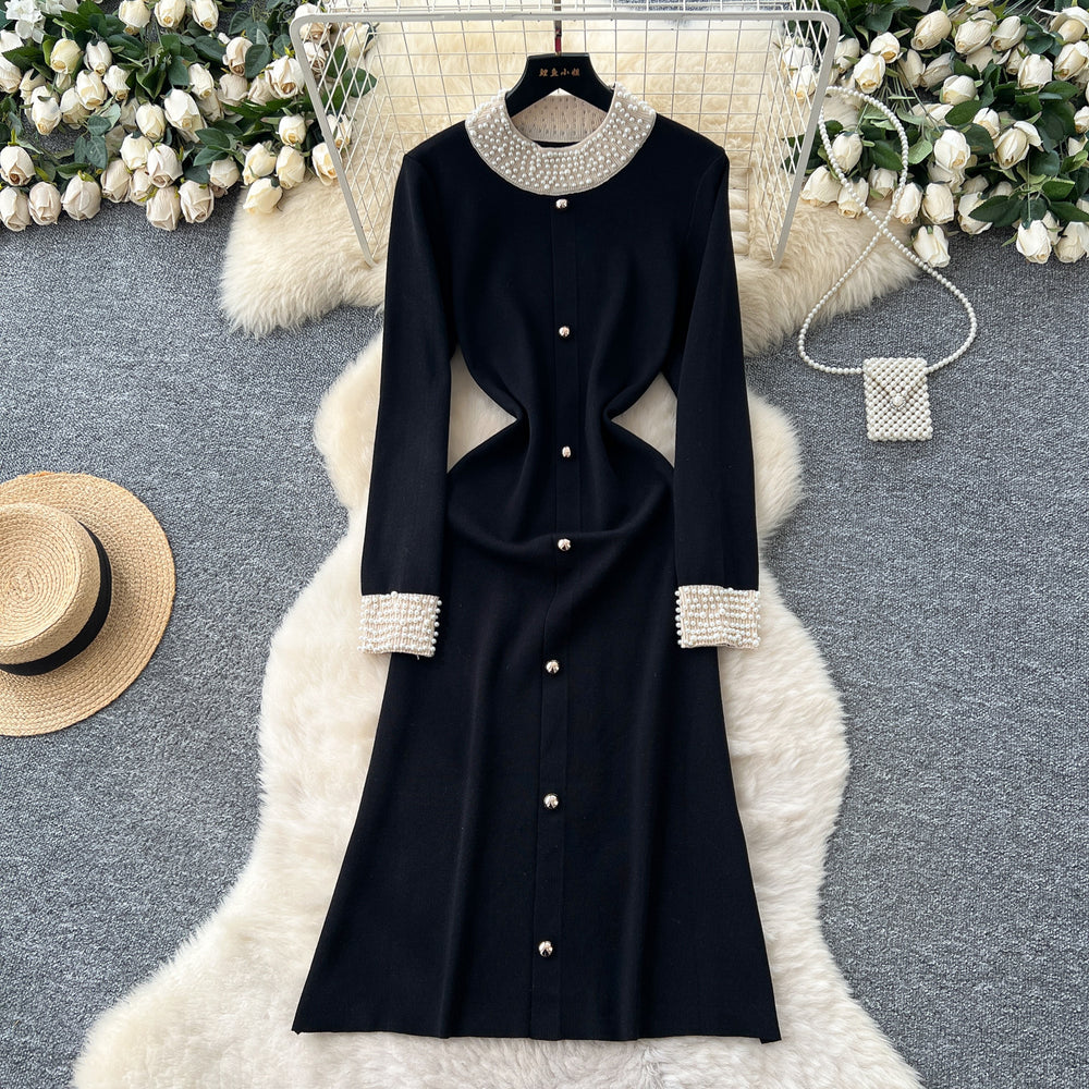 Elegant and high-end beaded round neck long sleeve knitted midi dress - women's autumn slim-fit inner layer sweater dress