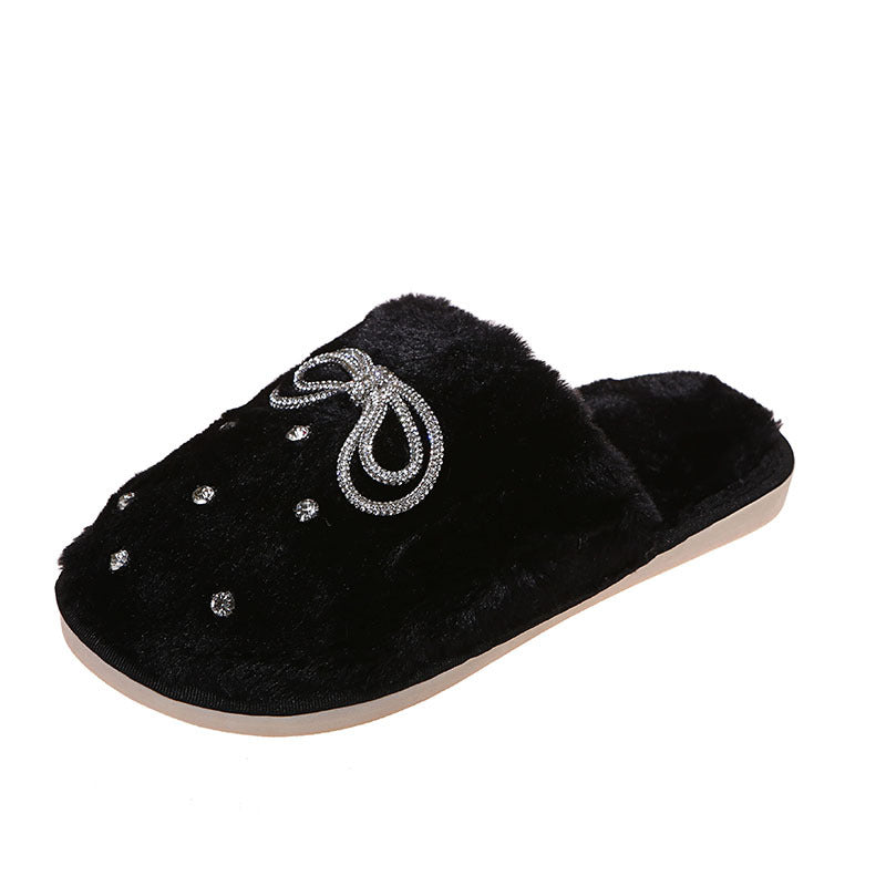 Rhinestone bow slippers women's 2024 new korean style closed-toe fuzzy slippers trendy autumn/winter indoor/outdoor cotton slippers