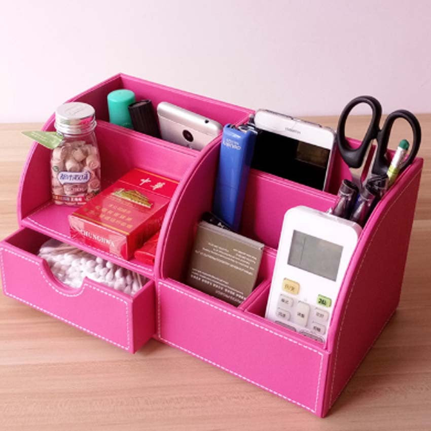 Desktop office storage box Organizer business card box, household with drawer finishing box Creative leather pen holder