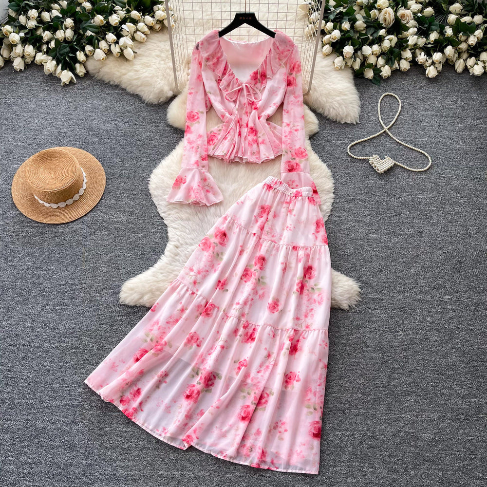 French romantic rose floral two-piece set for women - spring v-neck floral print lantern sleeve slimming chic outfit