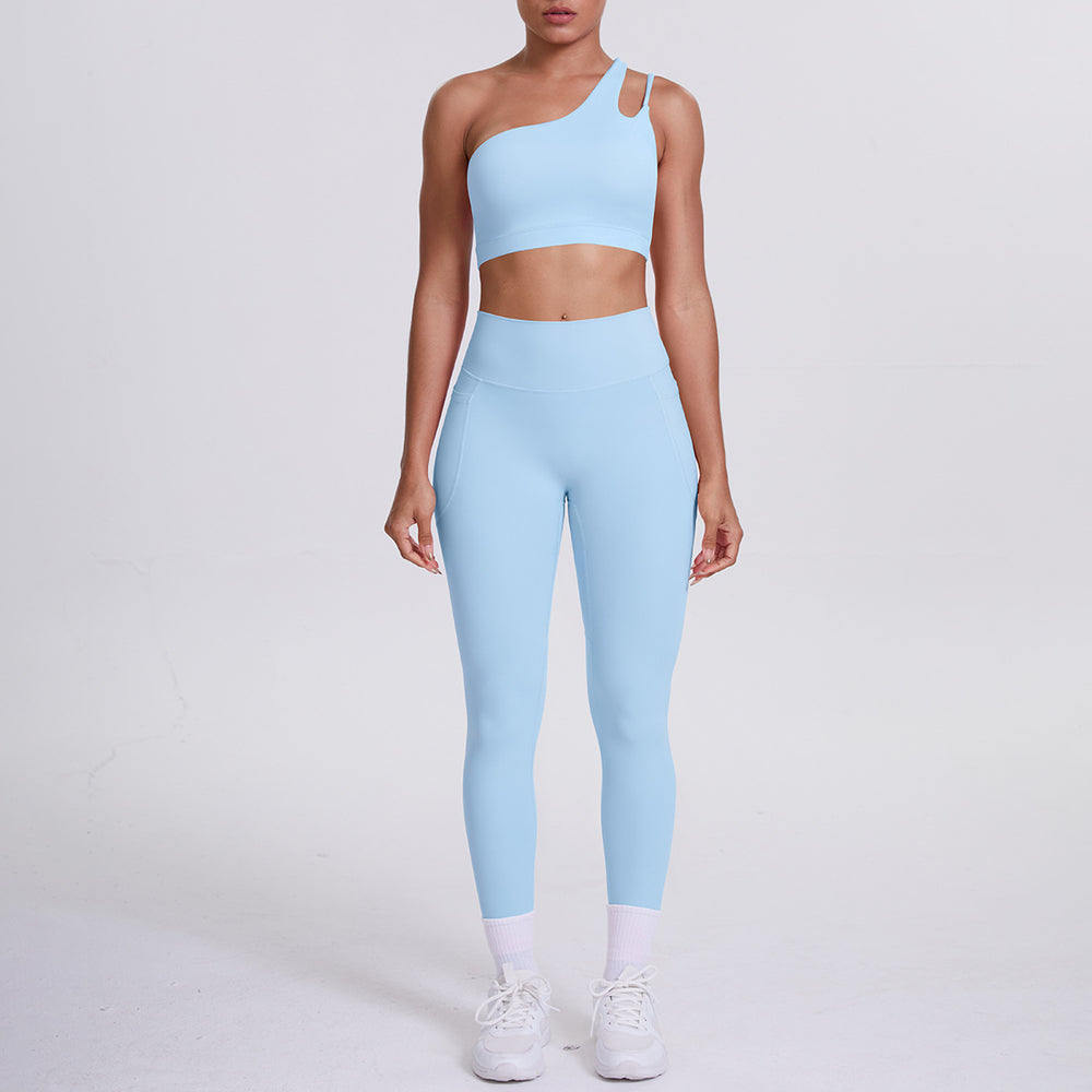 Cloud-feel one-shoulder backless sports bra set - high-waisted, butt-lifting, compression yoga outfit - quick-dry running & fitness set for women