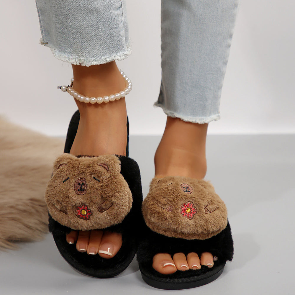 Slippers cotton slippers women's capibala bouquet winter fur slippers indoor and outdoor home large size one word heattech cotton slippers