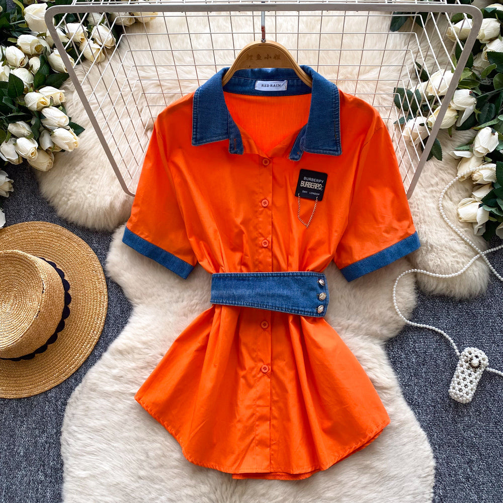 Korean style commute chic: denim patchwork turn-down collar shirt - women's summer short sleeve, cinched waist, tie-up, slimming, designer top