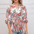 cross-border code new arrival  women's original elegant v-neck printed long sleeve casual blouse