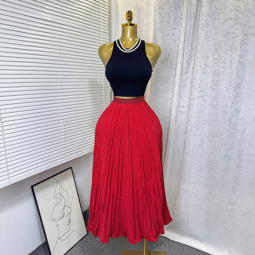 Classic fashion pleated polka dot midi skirt - french sweet style, versatile high-waisted a-line skirt