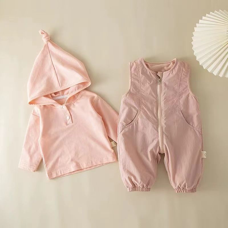 Infant and toddler spring/autumn two-piece outfit set: baby girl vest romper with long-sleeved top and jacket - autumn two-piece set