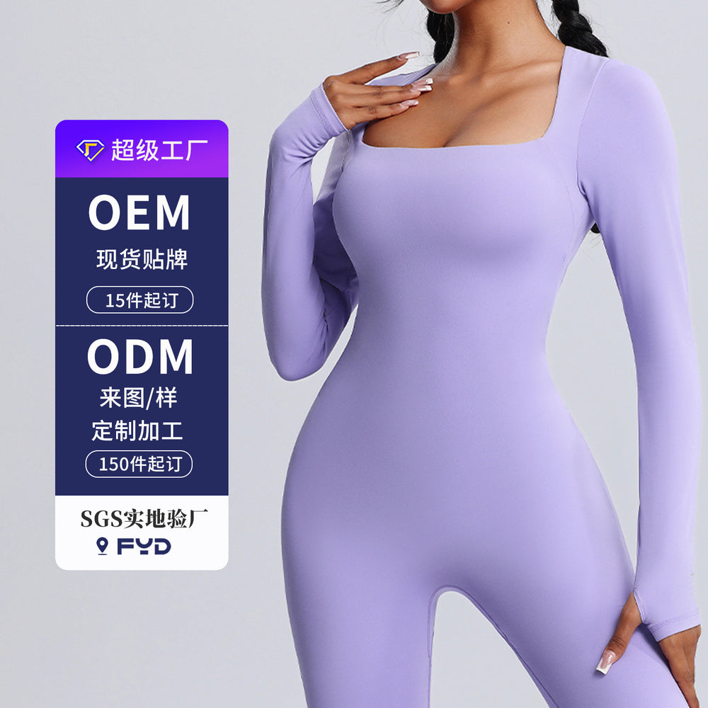 hot-selling one-piece yoga clothes personalizedfall and winter square neck long-sleeved fitness clothes women's dance training one-piece jumpsuit