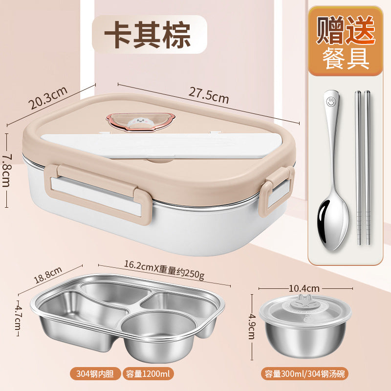 Food grade 304 stainless steel lunch box, large-capacity work portable grid lunch box, student cartoon dinner plate bento box