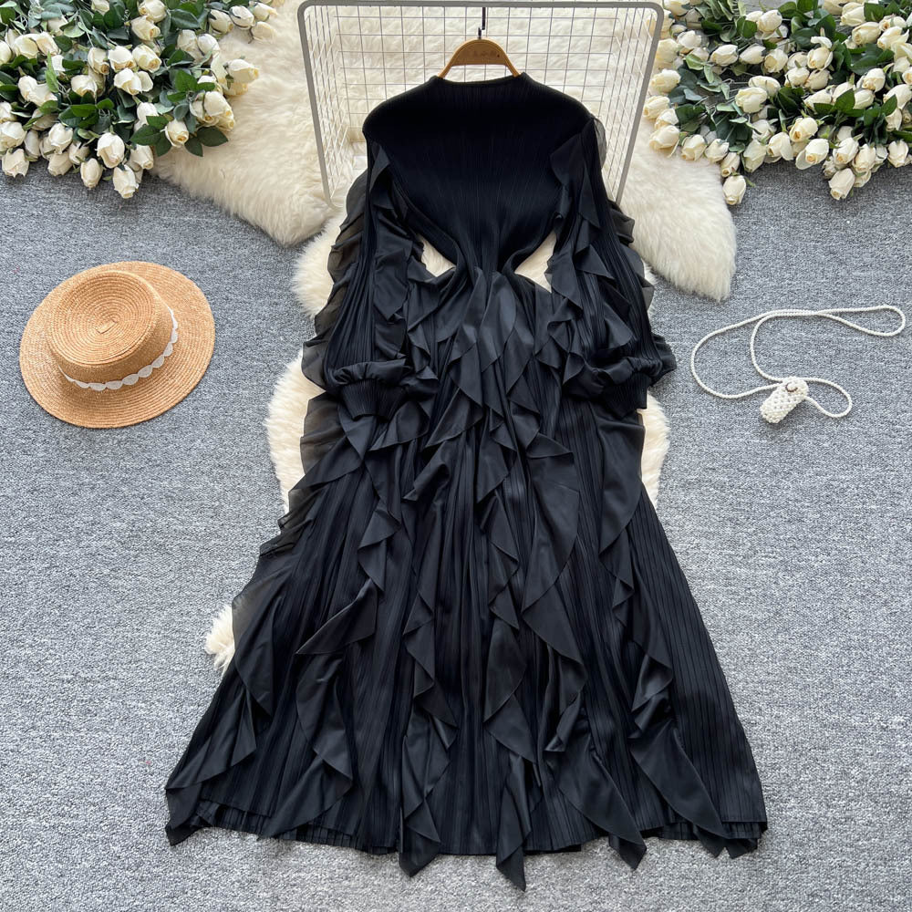 Miya european and american dress women's  autumn high-end slimming waist ruffle lantern sleeve pleated maxi dress