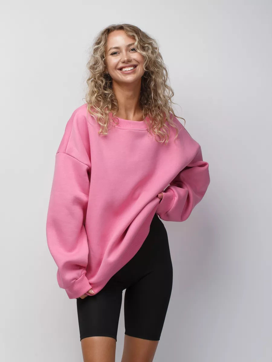 European and American  2024  spring and autumn new solid color round neck loose pullover sweater top women