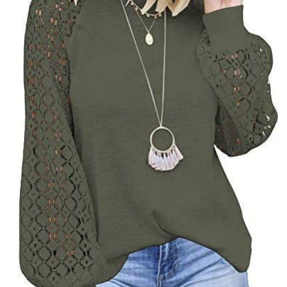 fashionexport cross-border new arrival  independent station round neck long sleeves lacepatchworkloosetops women