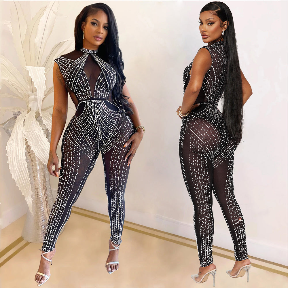 C6781 cross-border   fashion women's solid color mesh rhinestone sleeveless pants jumpsuit
