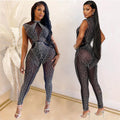 C6781 cross-border   fashion women's solid color mesh rhinestone sleeveless pants jumpsuit