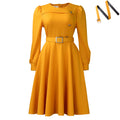 D3349 european and american cross-border new round neck long sleeve high waist a-line dress elegant party solid color foreign trade african dress