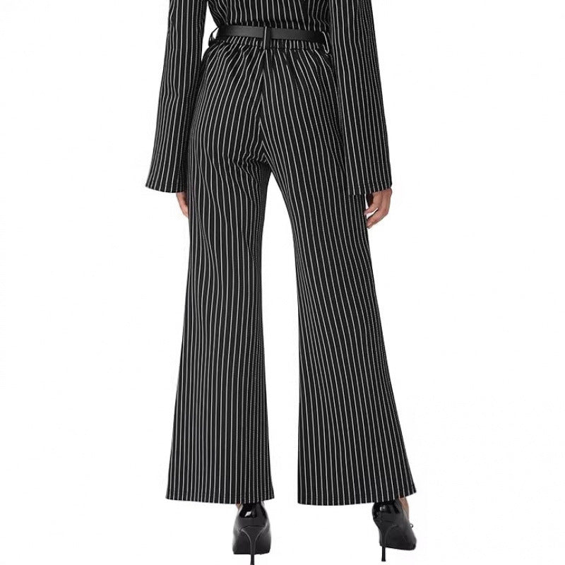 retrostripeshigh waistslimming look flared pants  spring new arrivalpolo collar shirttwo-piece set