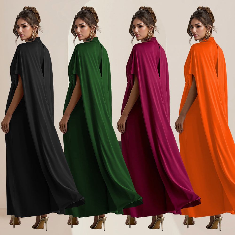 C7279 cross-border   fashionable women's slim-fit waist-cinching button-down round neck shawl dress - new