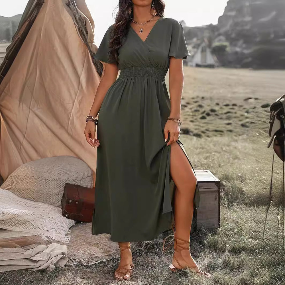 european and american cross-border  summer new arrival: solid color v-neck flared sleeve elastic waist slimming slit maxi dress