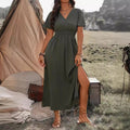 european and american cross-border  summer new arrival: solid color v-neck flared sleeve elastic waist slimming slit maxi dress