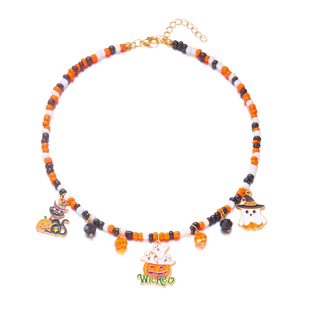 Halloween necklace wholesale fashion funny pumpkin ghost cat pendant horror contrast color rice beads string clavicle chain